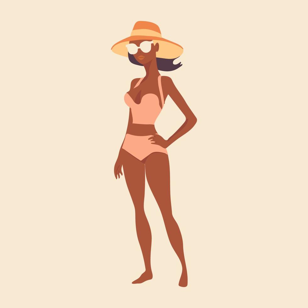 Beautiful young woman in hat. Girl in swimsuit is sunbathing under summer sun. Flat vector illustration isolated background