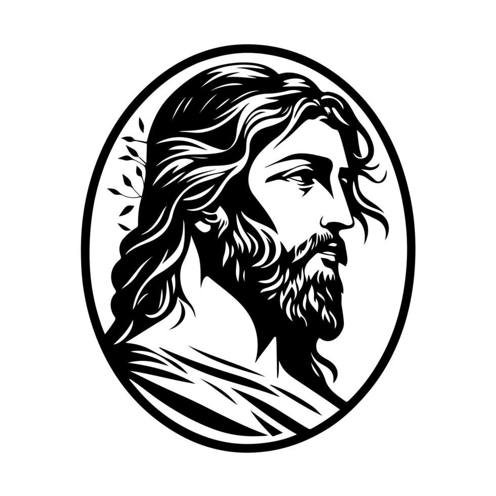 Elegant monochrome vector illustration of Jesus Christ's serene face in a circular frame. Perfect for religious, spiritual, and inspirational designs, cards, and prints.