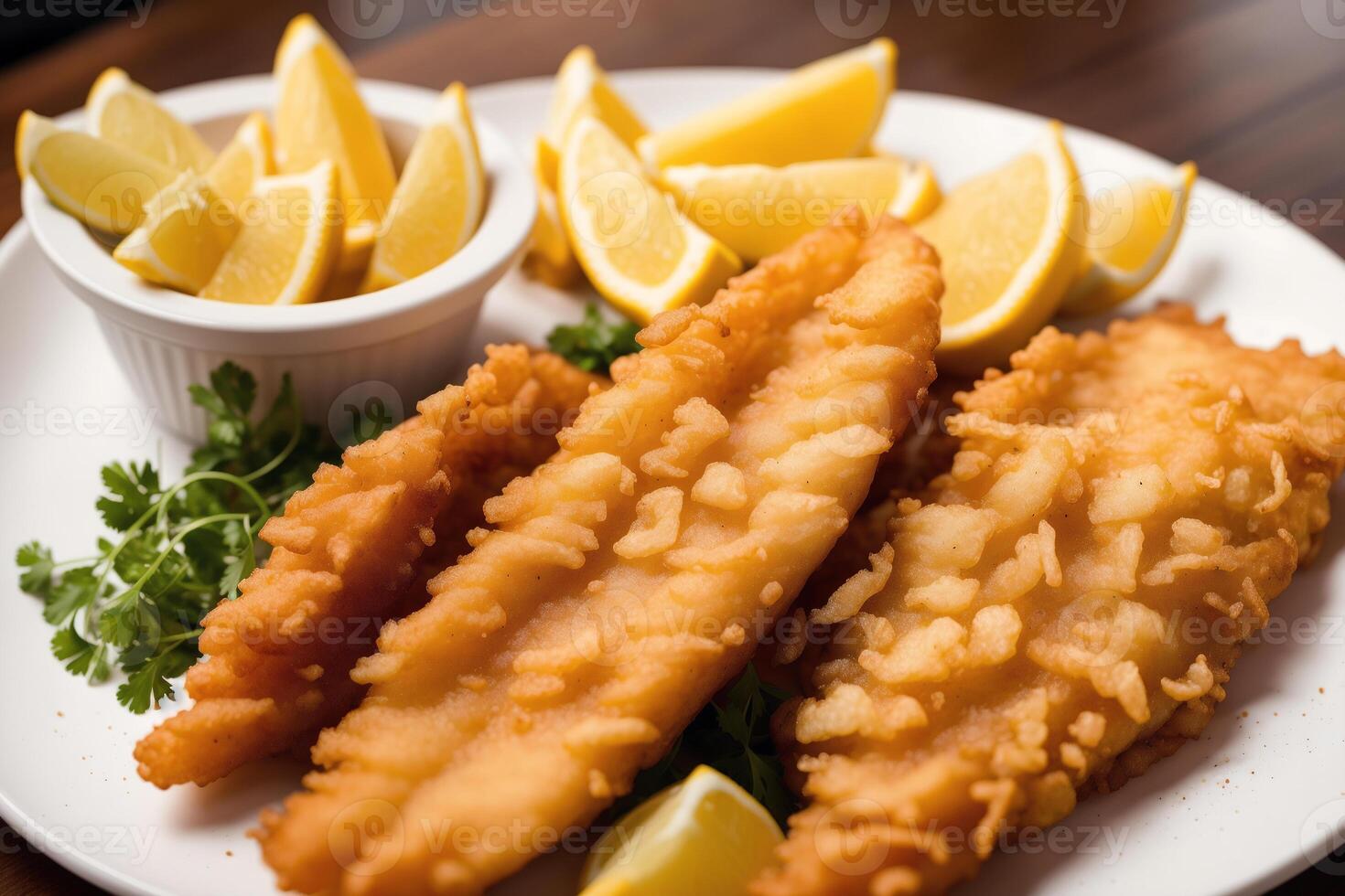 A plate of fish and chips with a bottle of ketchup in the background. photo