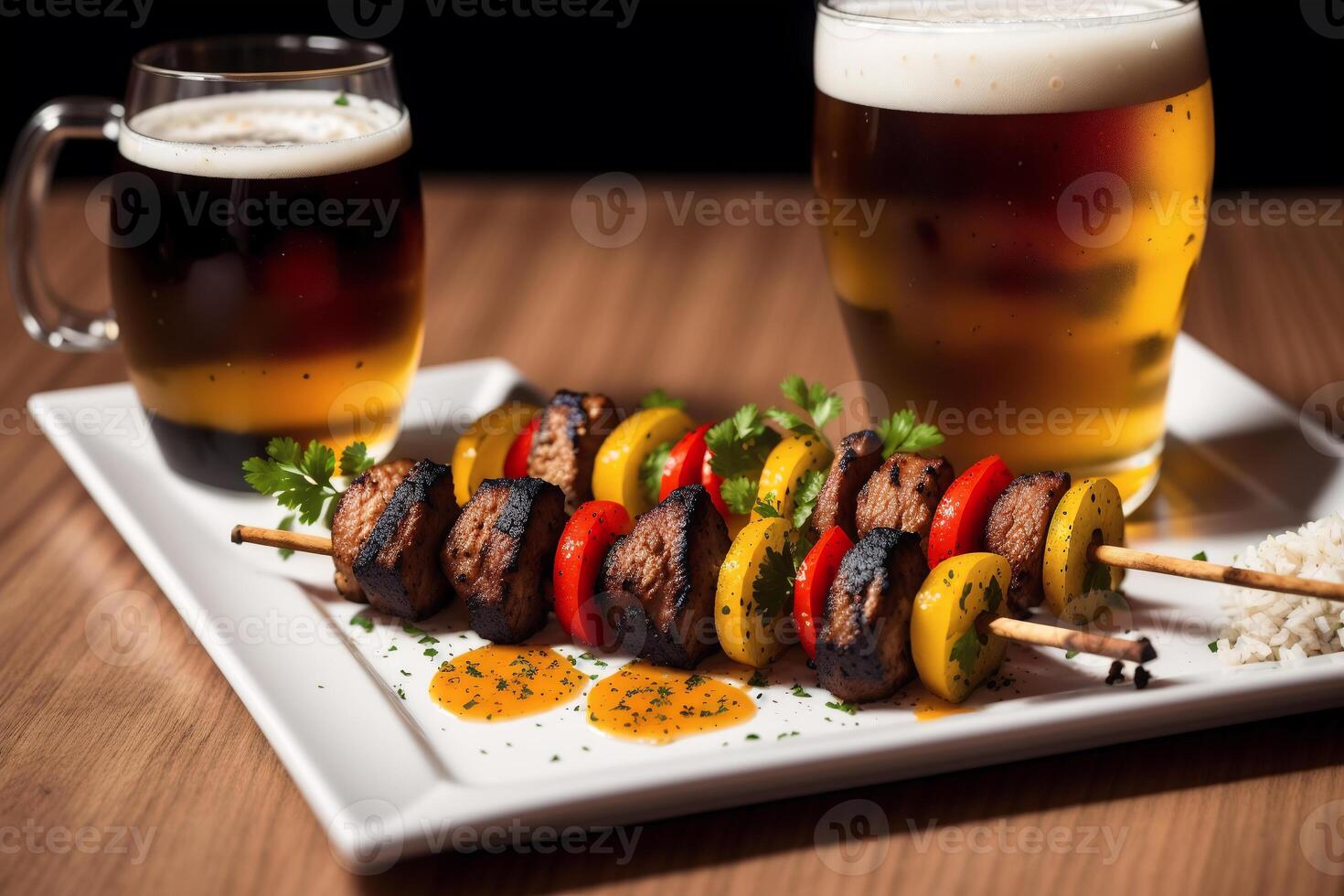 A plate with shish kabob on a wooden table. Meat sticks. photo