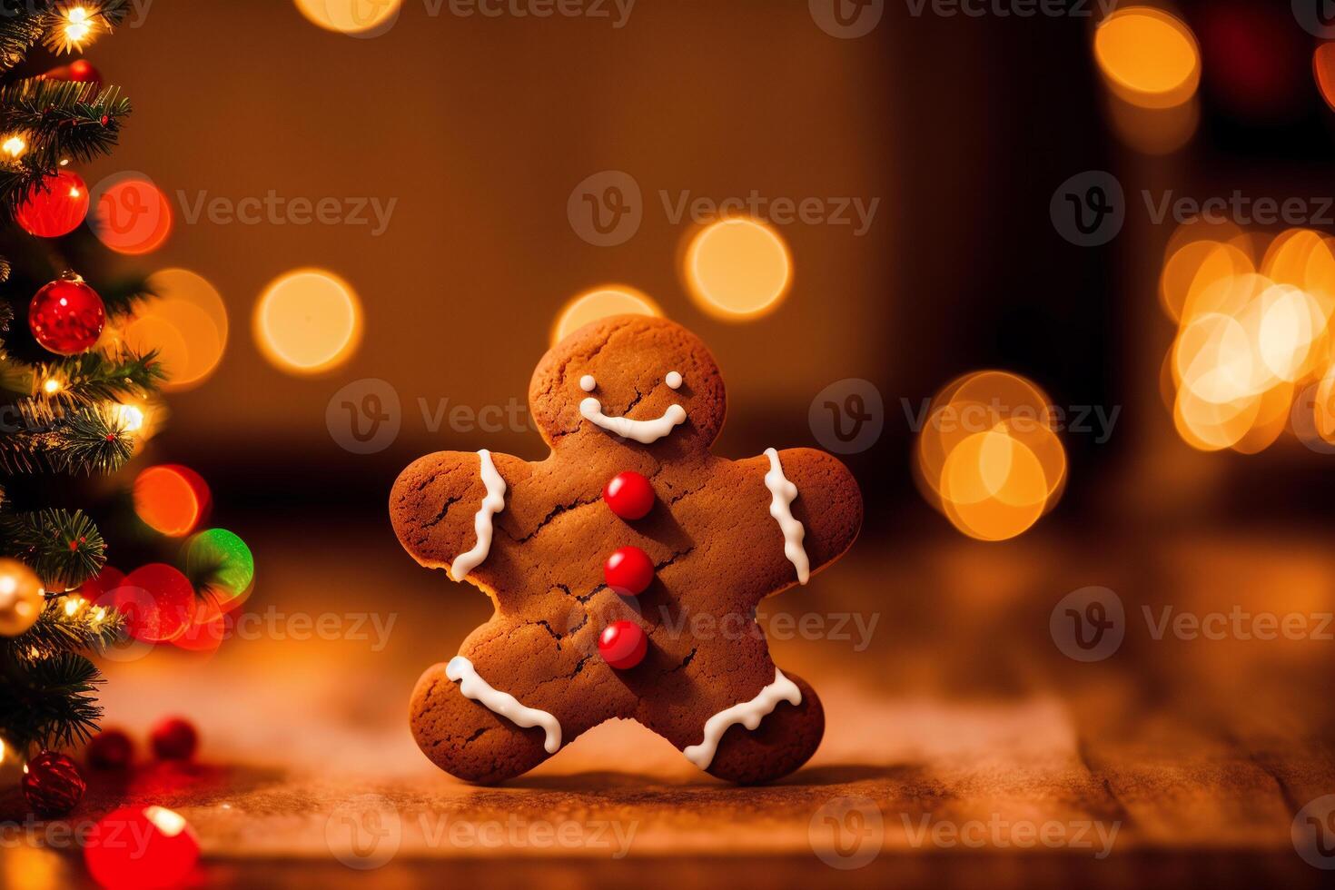 Christmas gingerbread cookies with icing sugar on the background of the Christmas tree. gingerbread man. photo