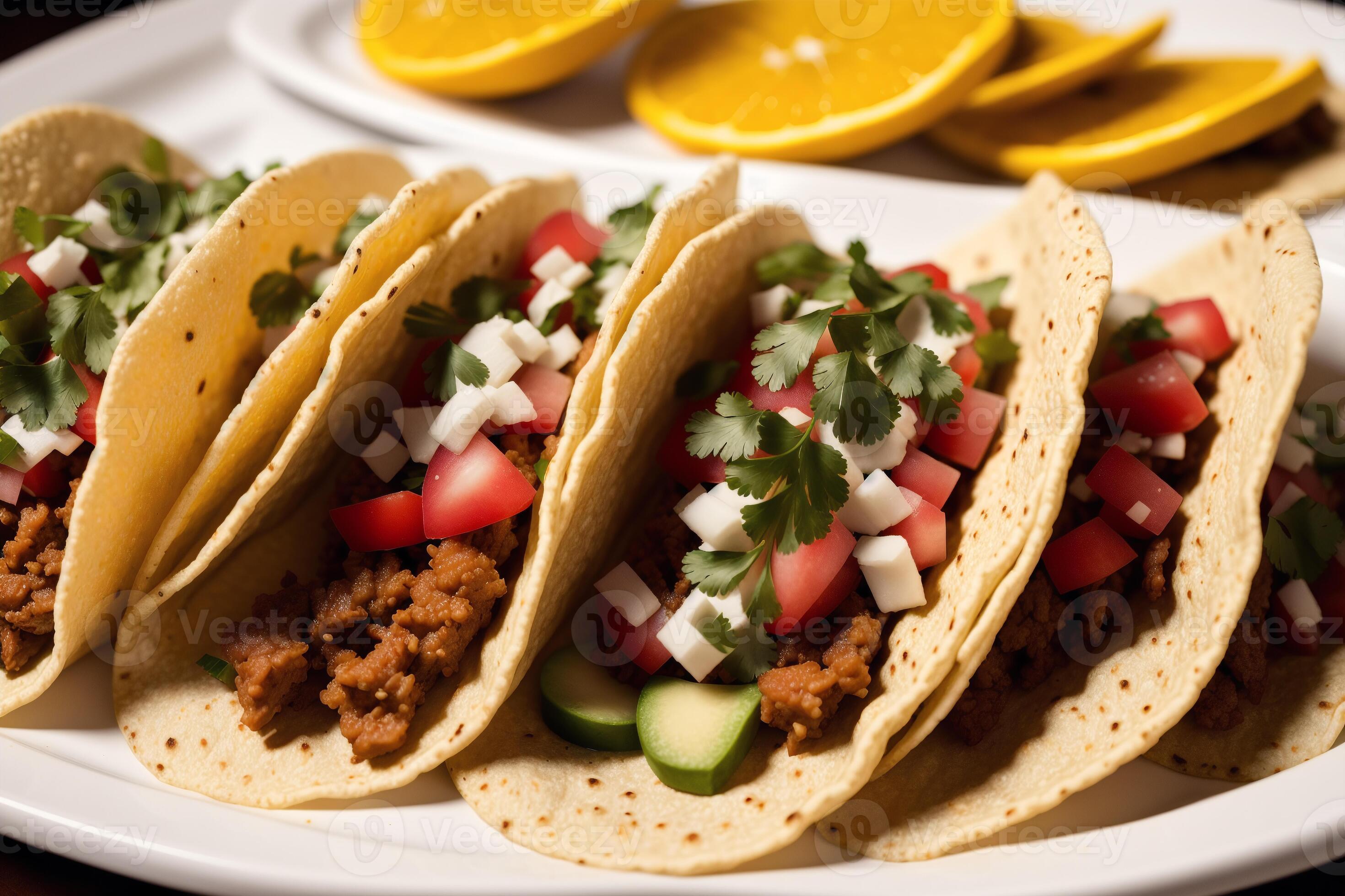 Traditional mexican tacos with beef, tomato, onion and salsa. Mexican