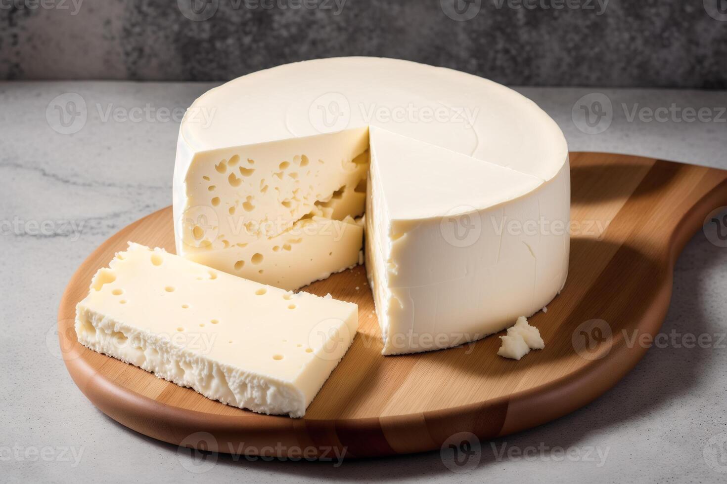 Cheese collection, variety of cheeses with tomatoes on wooden background. photo