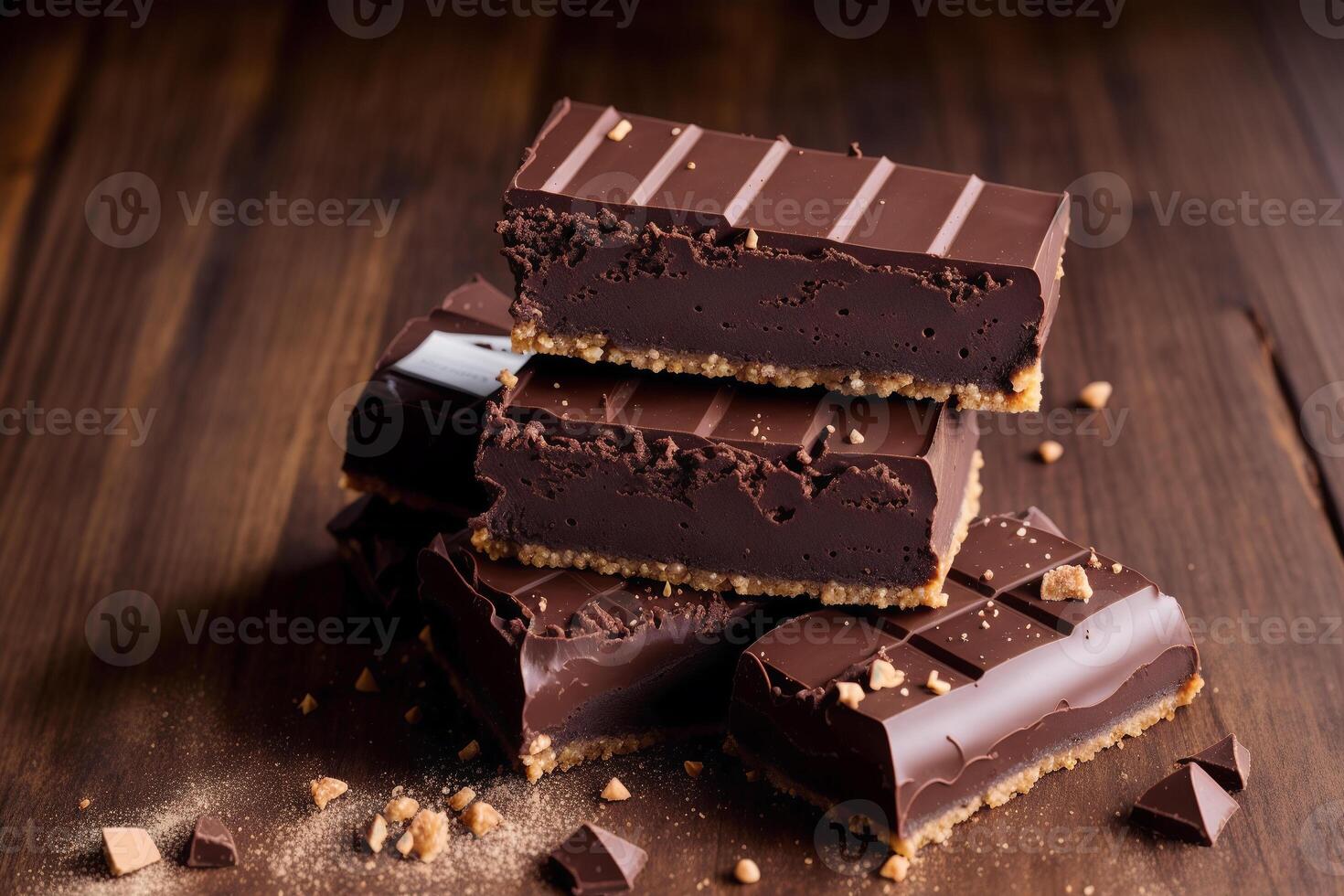 Chocolate bars and chocolate pieces on a wooden background, sweet food. Chocolate cake, Tiramisu cake. photo