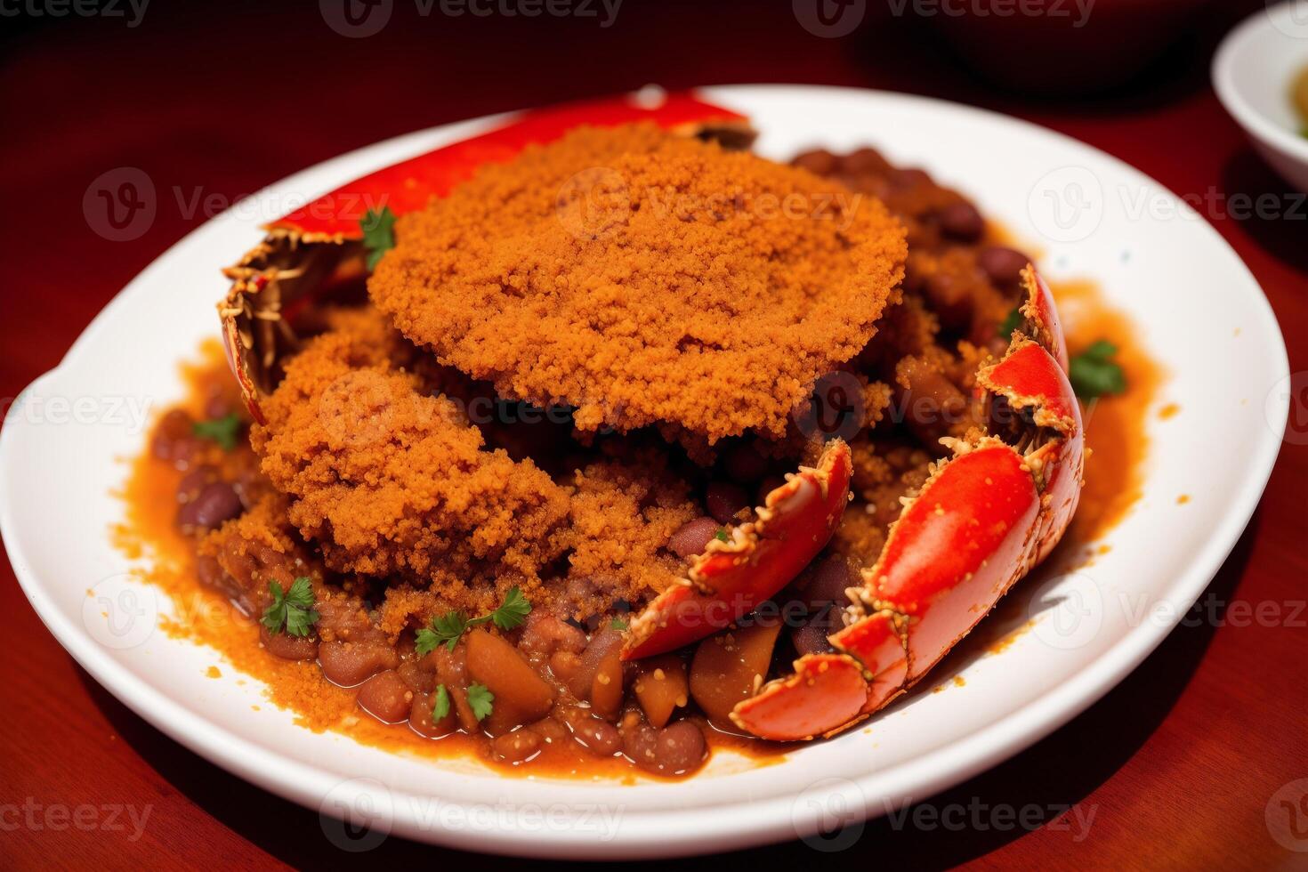 A bowl of crab stew with a red sauce and green onions. photo