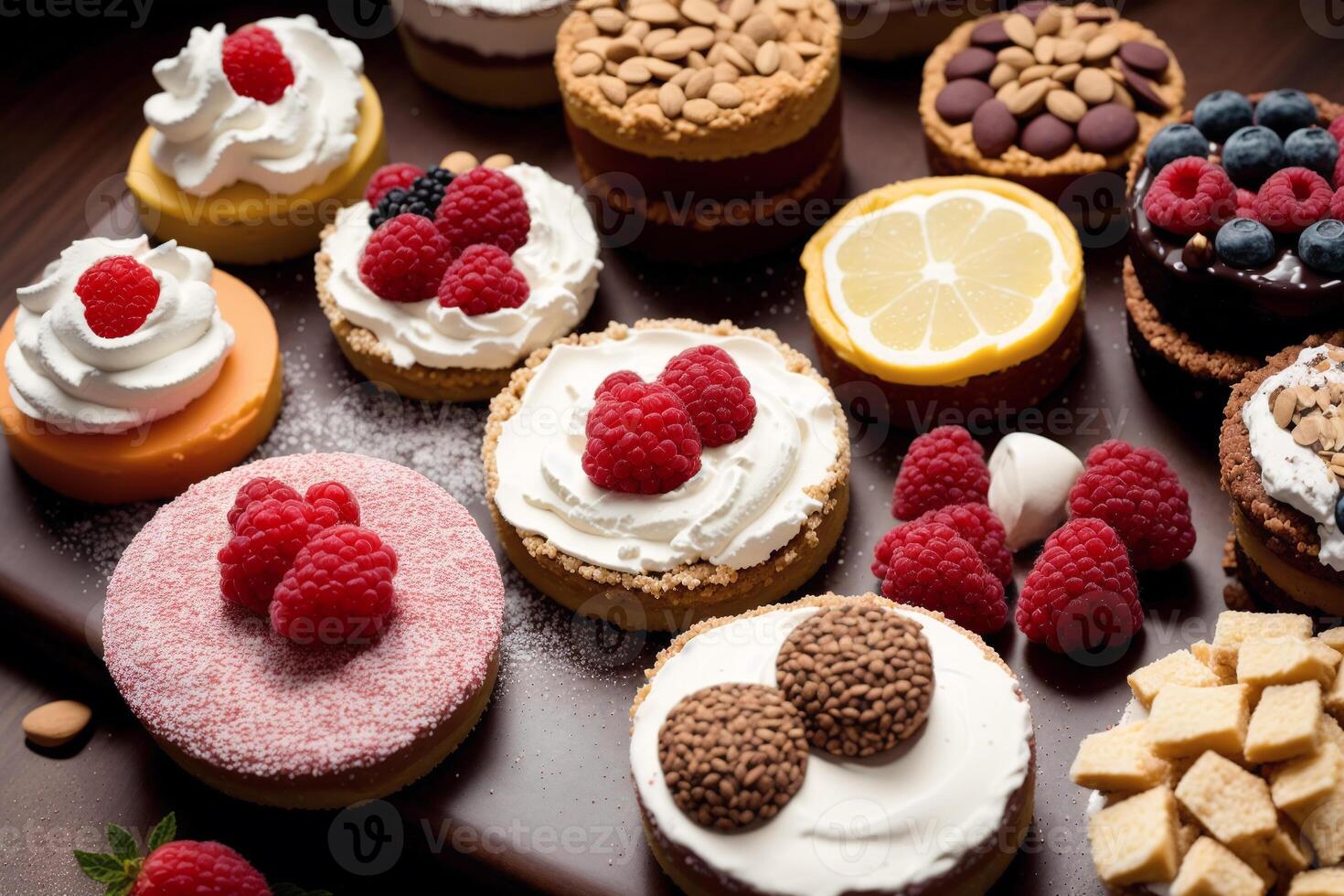 Assortment of cakes with different fillings on a wooden table. Homemade cake. photo