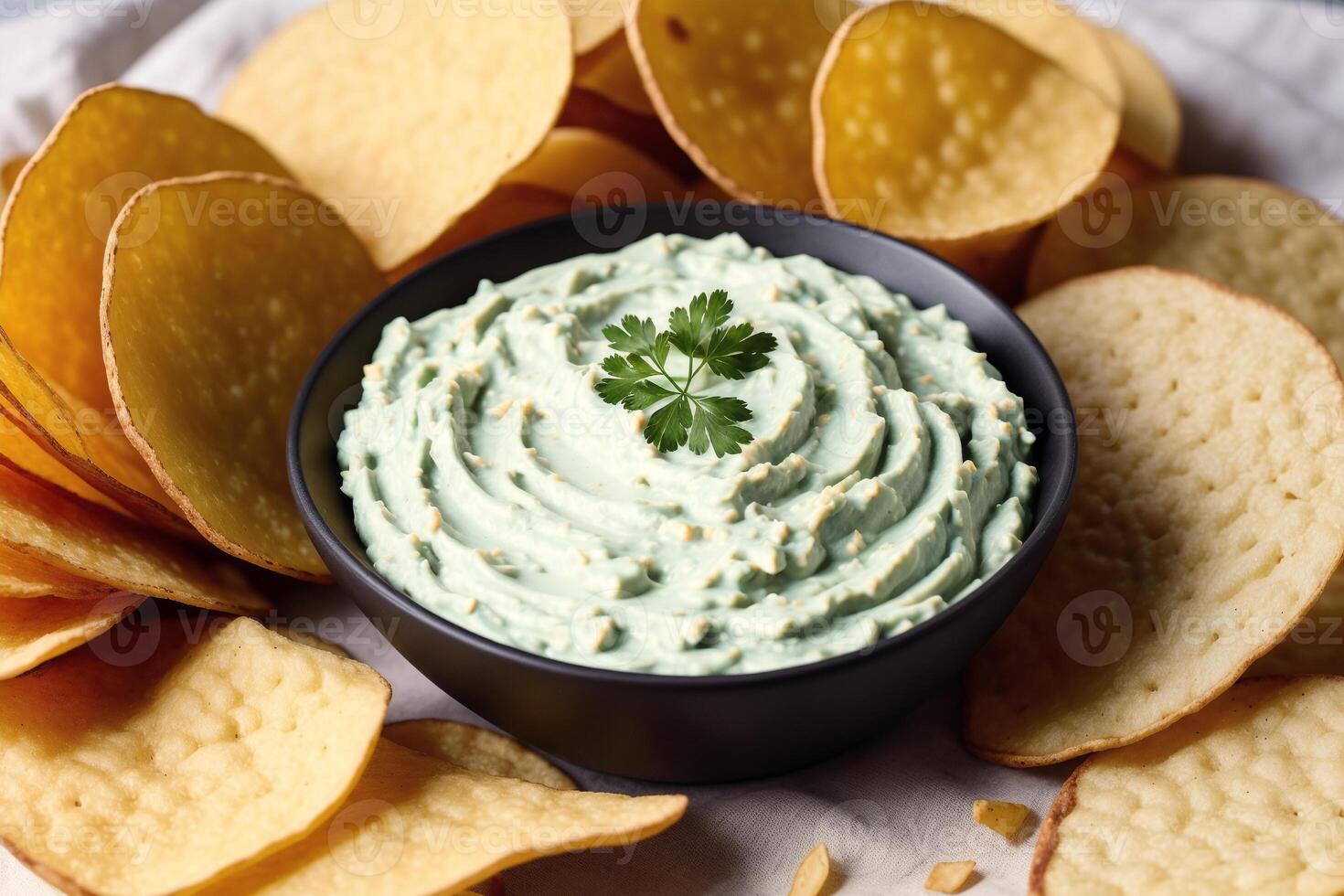 Potato chips in a bowl on a wooden background. photo