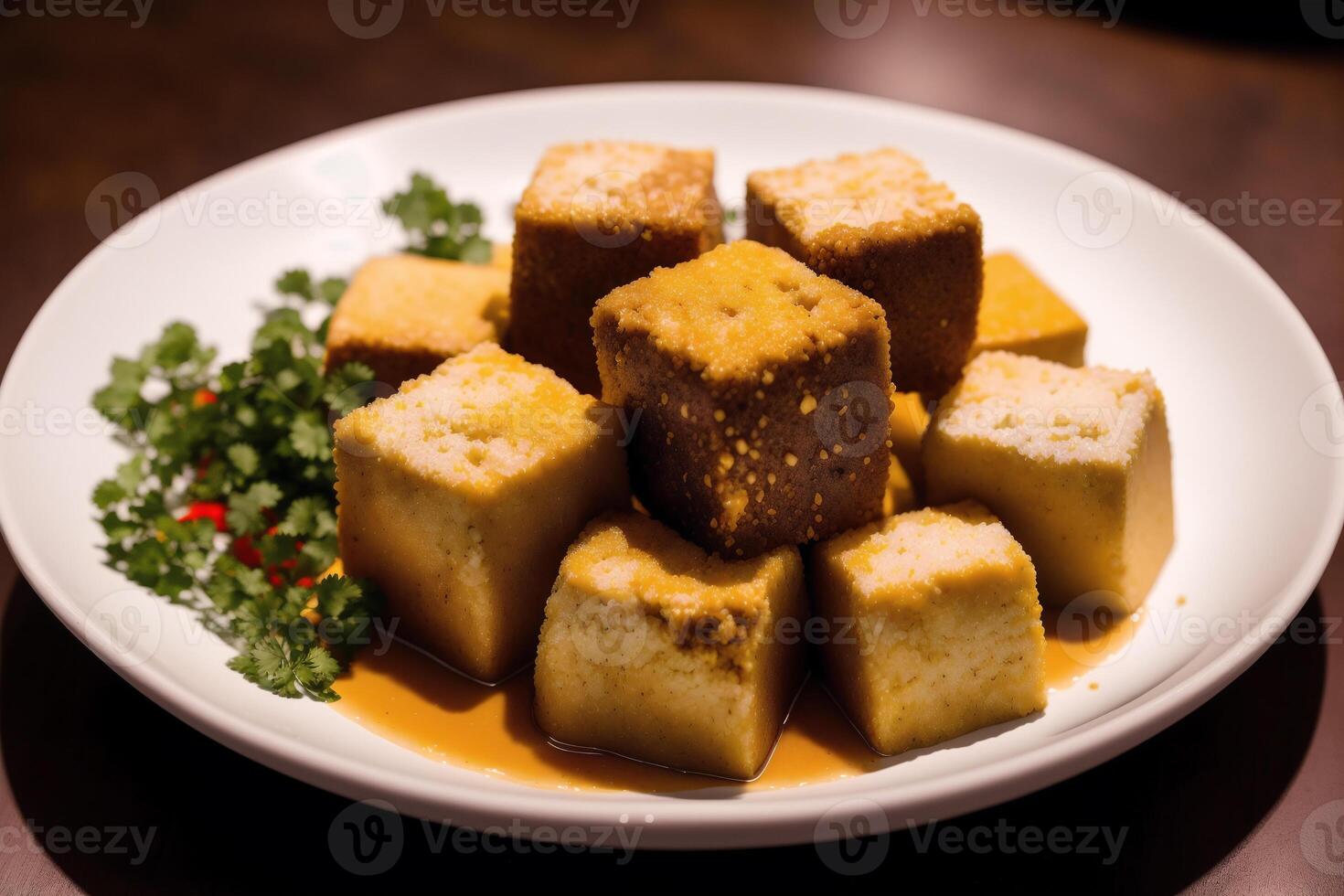 Tofu with sweet and sour sauce in a plate on wooden table. photo