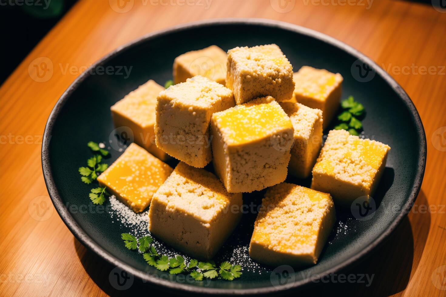 Tofu with sweet and sour sauce in a plate on wooden table. photo