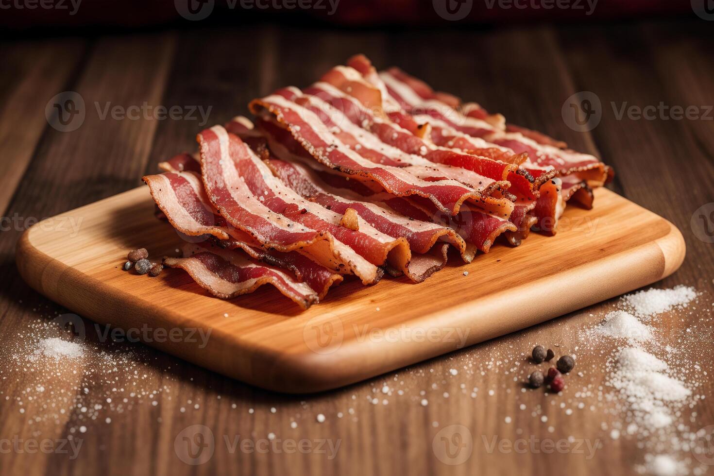 Delicious slices of smoked bacon on a wooden table. photo