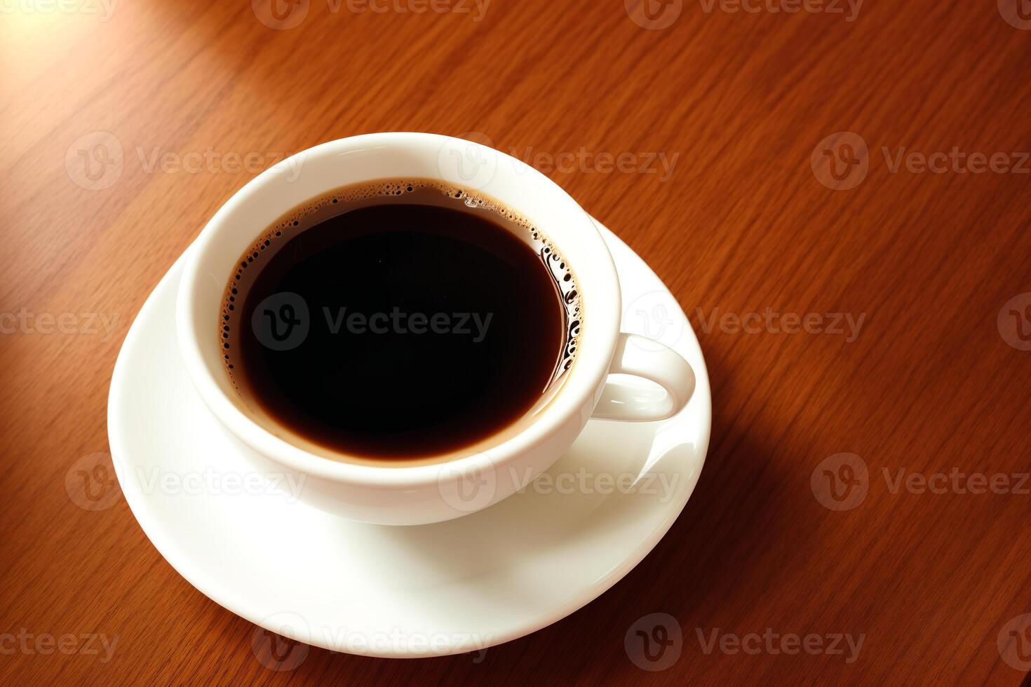 Coffee cup with steam on wooden table and black background. photo