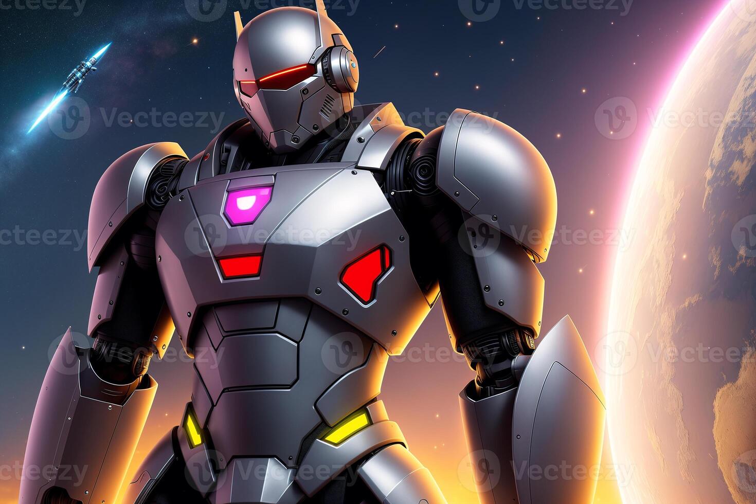 A robot, warior with armour and weapon.astronaut in space. Wars in space. Humanoid. Digital art, Fantasy art, Anime, photo