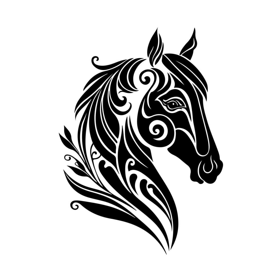 Majestic horse head with intricate ornament on white background. Black and white vector illustration ideal for equestrian, farm, ranch, cowboy, and western themed designs.