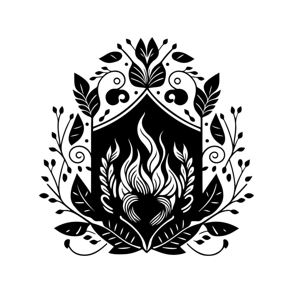 Refined heraldic coat of arms with fireplace and fire design, vector illustration in black and white, perfect for elegant home decor, interior design, and related designs.