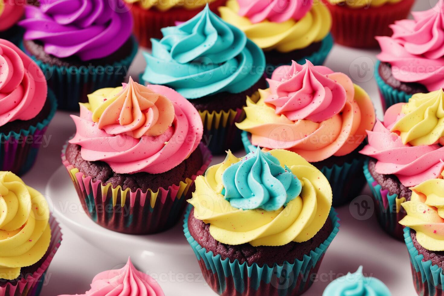 Colorful cupcakes on a white plate on a wooden table. Homemade cupcake with nuts and honey. photo