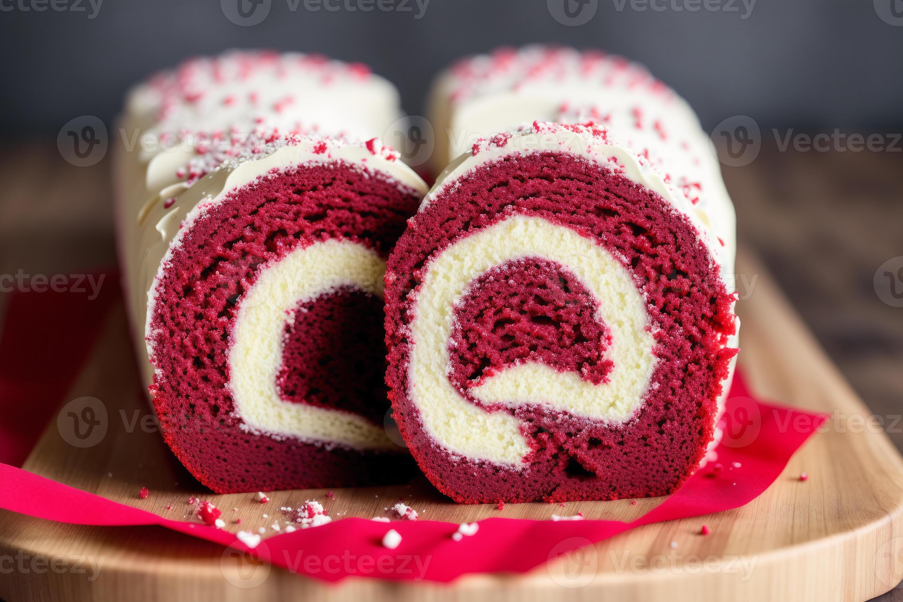 A swiss roll on a white plate on a wooden table. Homemade chocolate