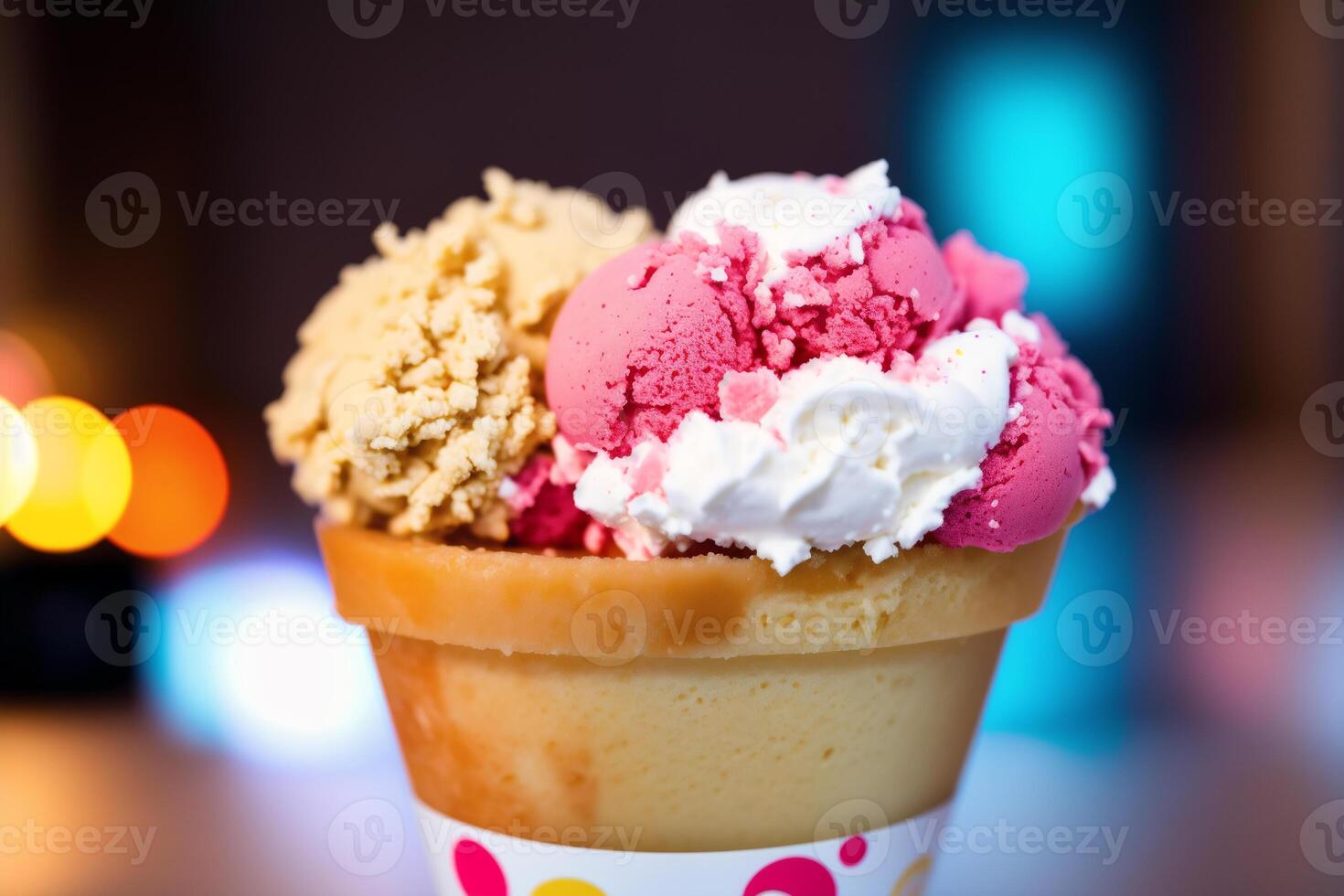 delicious ice cream in a cup, close-up, on the table. sweet food. photo