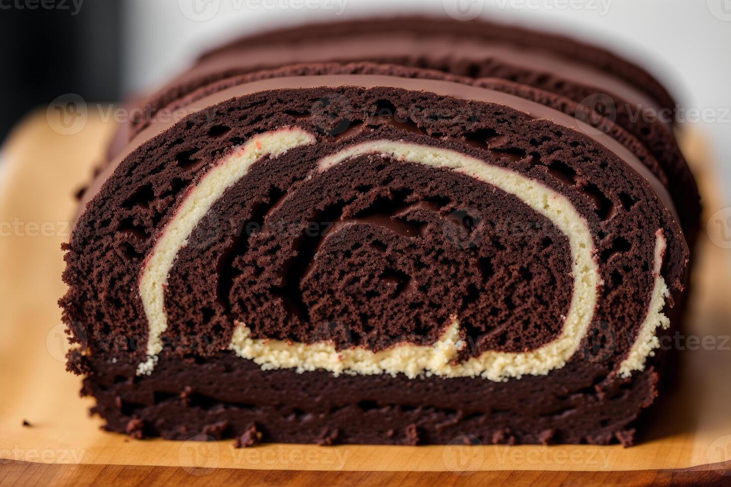 A swiss roll on a white plate on a wooden table. Homemade chocolate roll. Red velvet cake. photo