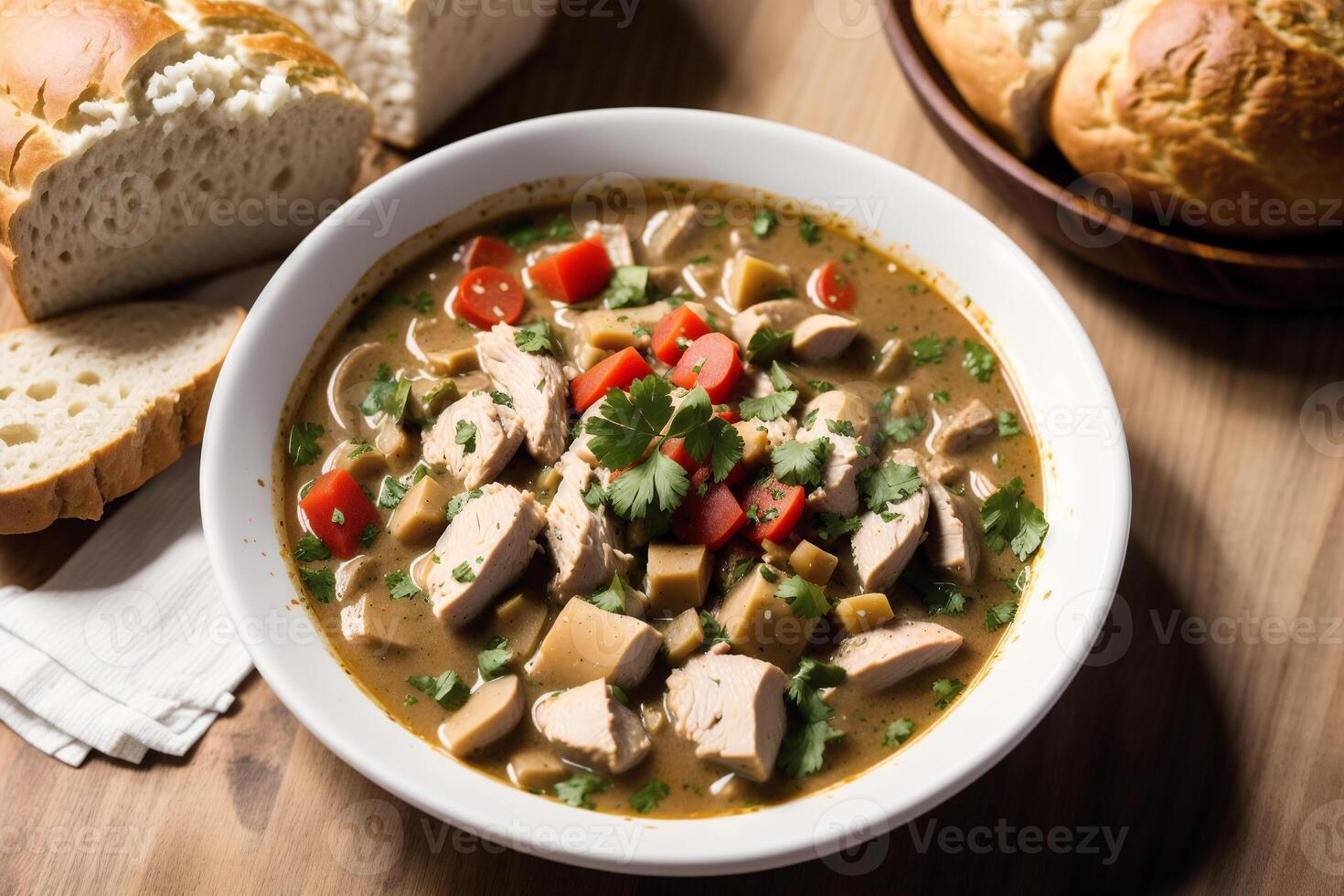 Curry with chicken and vegetables in a bowl on a wooden table. Gumbo. Vegetable soup. Seafood soup photo