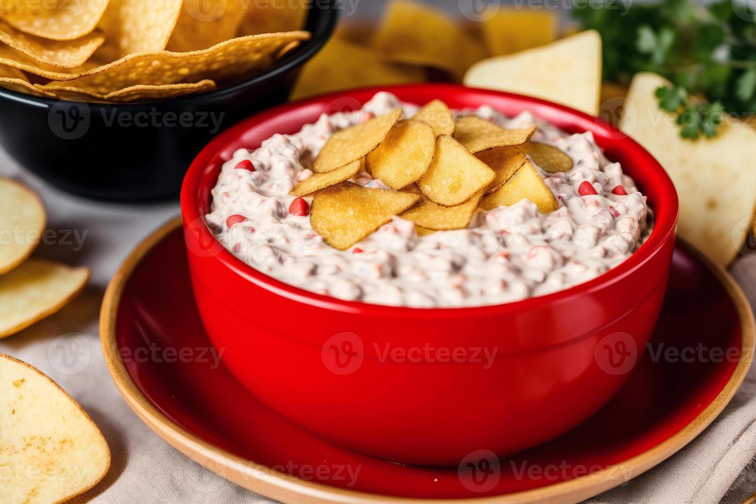 Potato chips in a bowl on a wooden background. photo