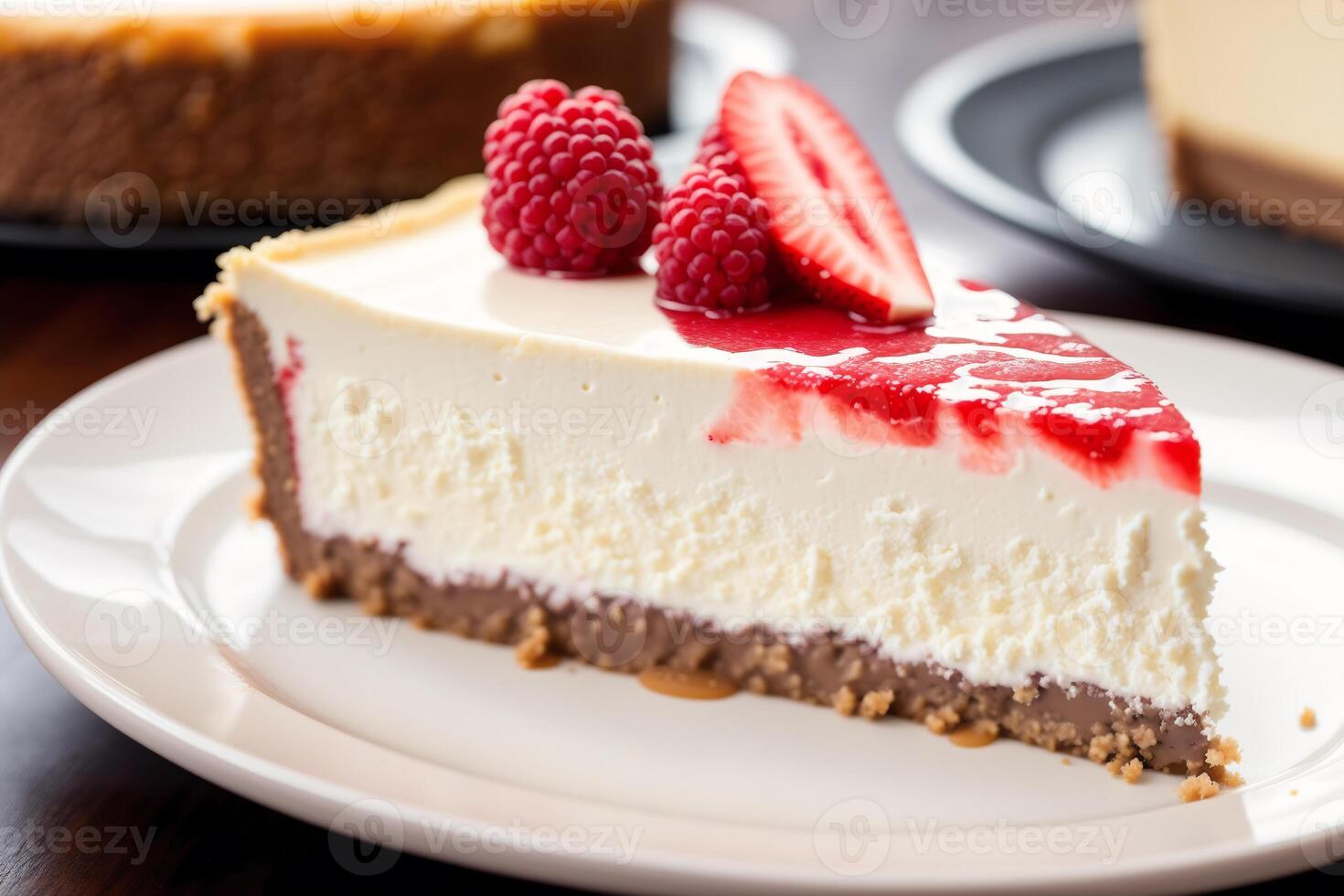Piece of cake with strawberries and blueberries on a wooden background. Chocolate cake, Tiramisu cake. photo