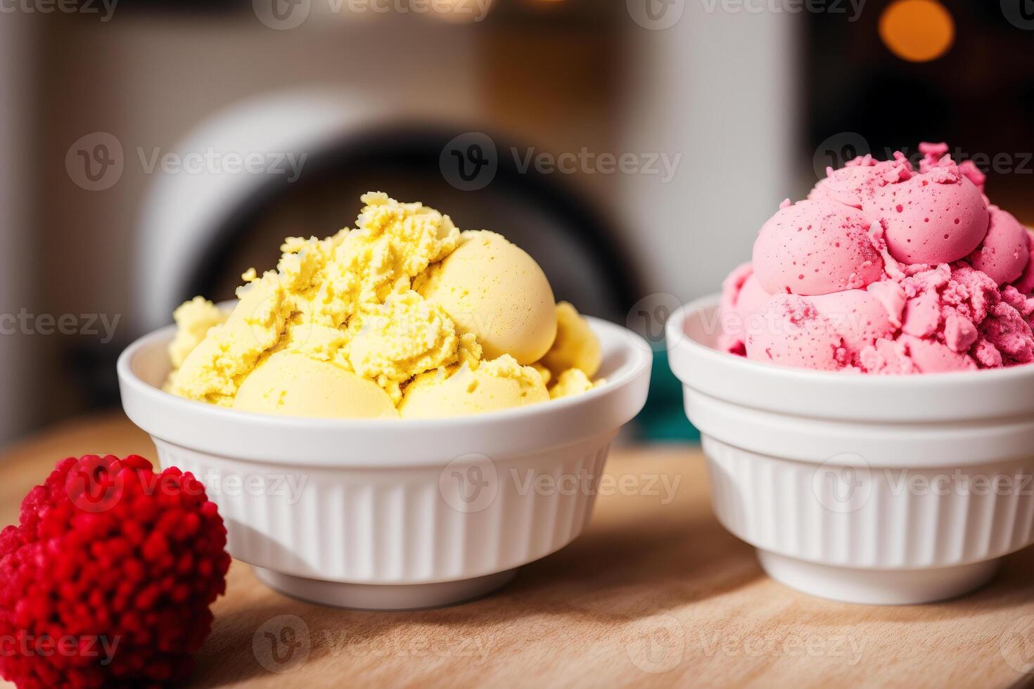 delicious ice cream in a cup, close-up, on the table. sweet food. photo