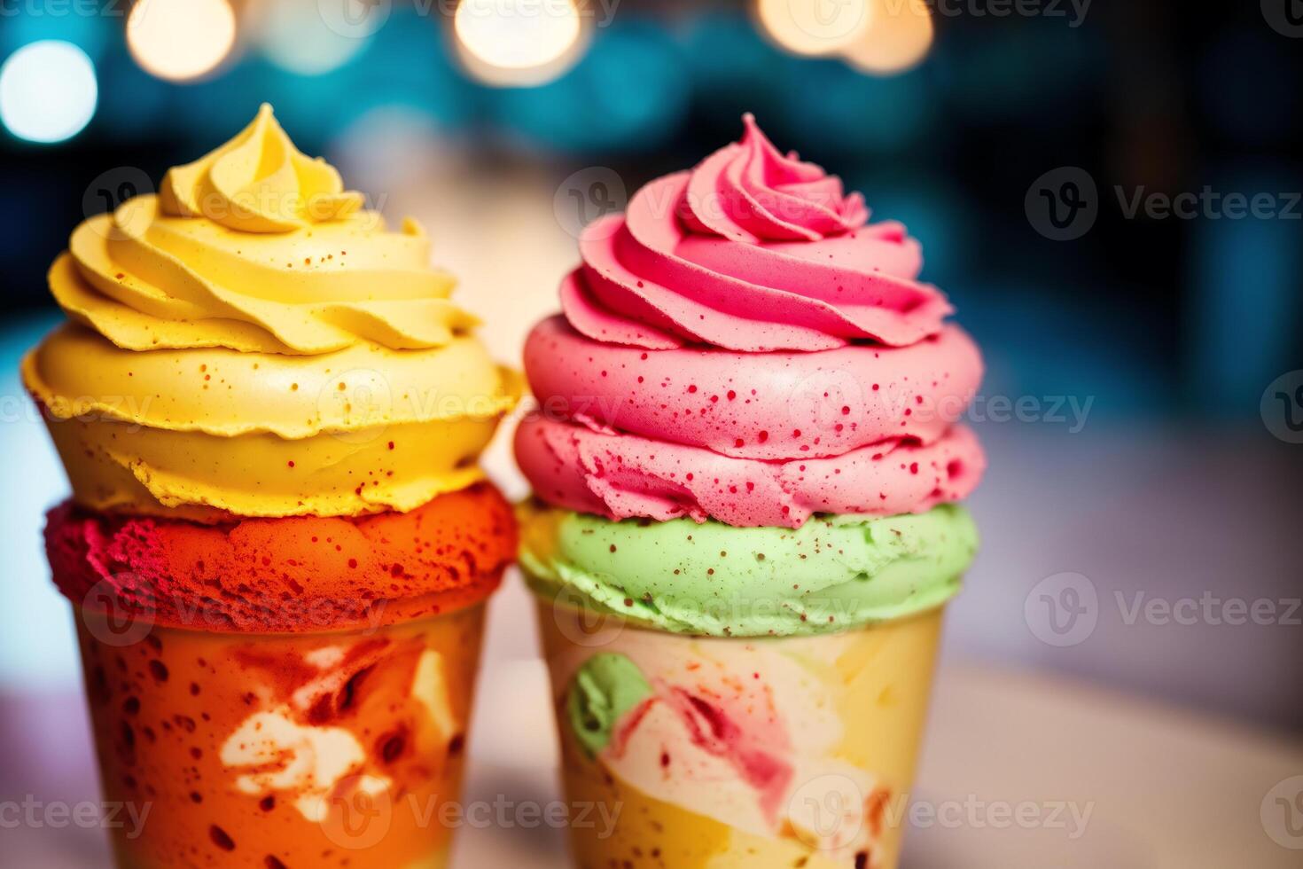 delicious ice cream in a cup, close-up, on the table. sweet food. photo