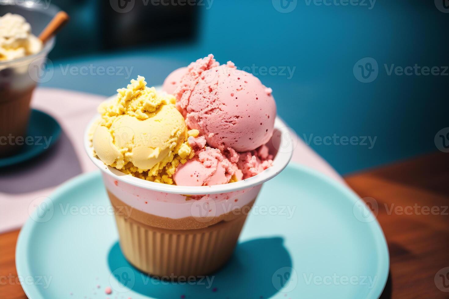 delicious ice cream in a cup, close-up, on the table. sweet food. photo