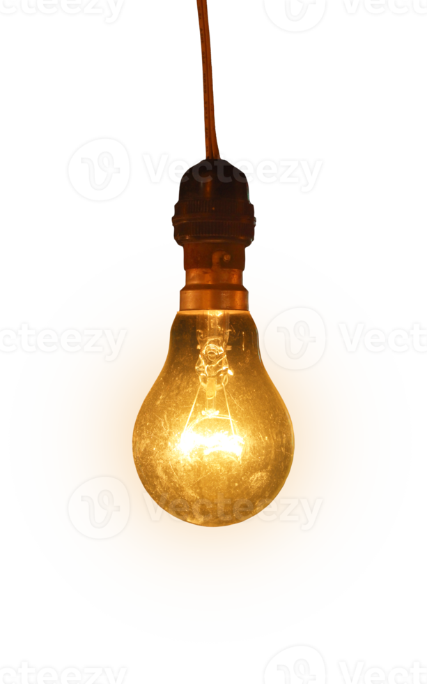 Old light bulb glowing. Vintage light bulb. Isolated on transparent background. png