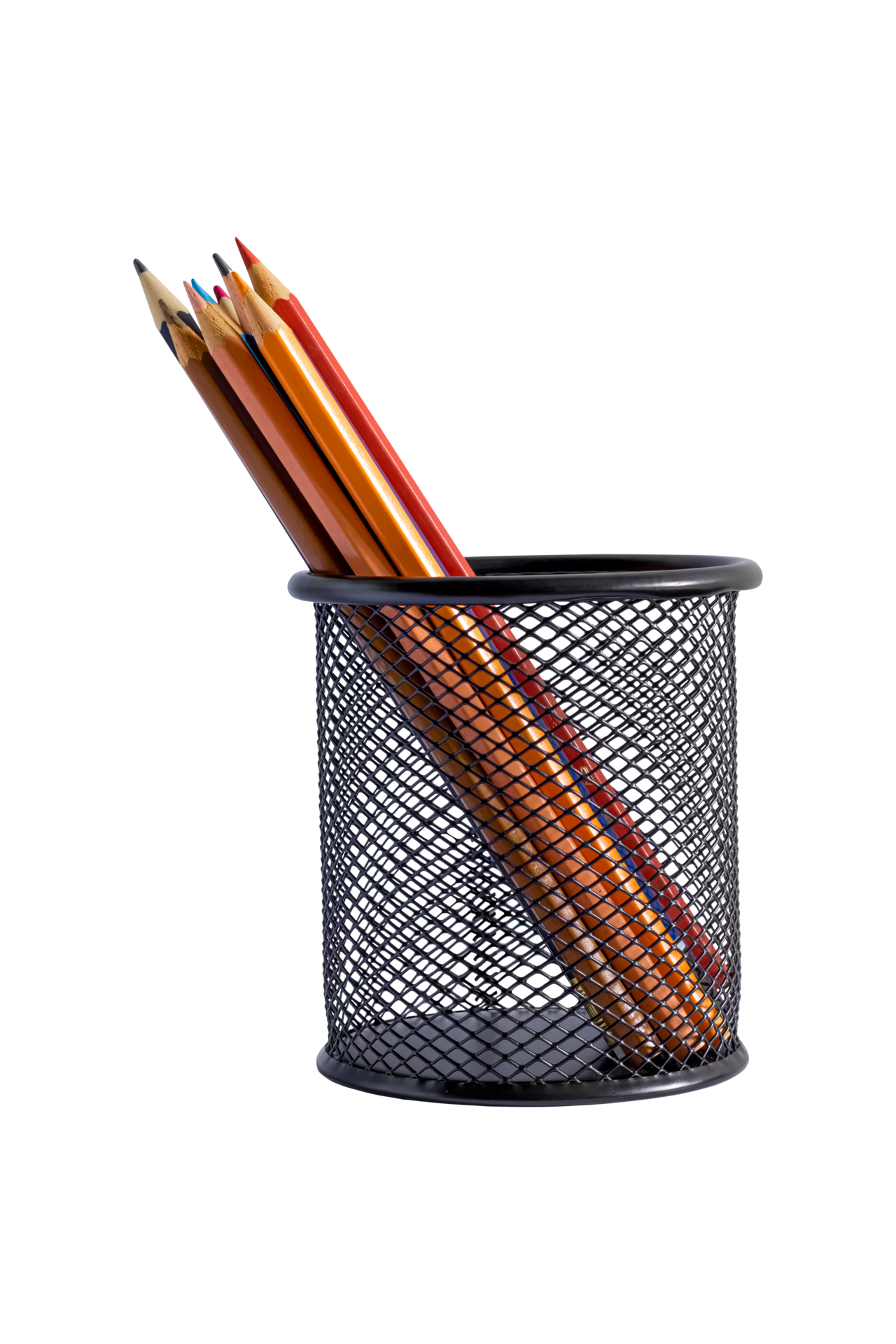 black iron box with colored pencils isolated on a transparent