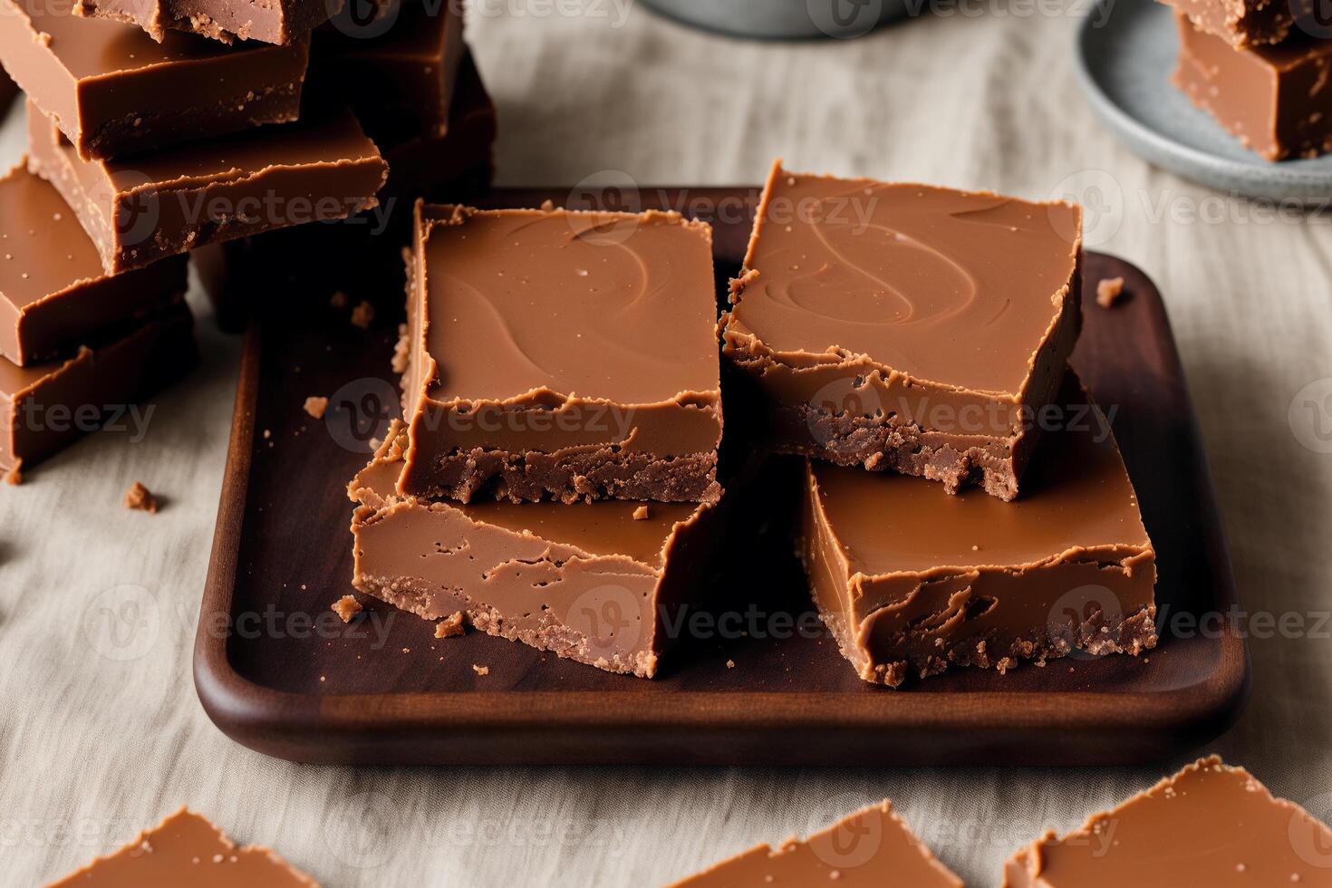Fudge on a white plate on a wooden table. Homemade fudge cookies, candies with nuts. photo