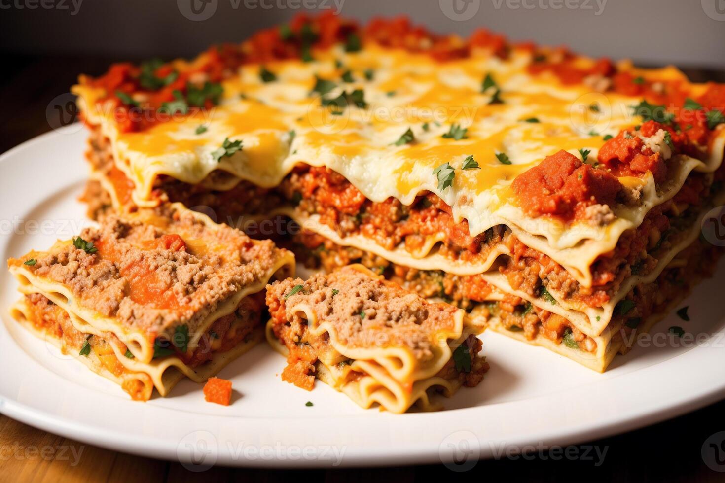 A stack of lasagna with a slice of lasagna on top on a wooden table. photo