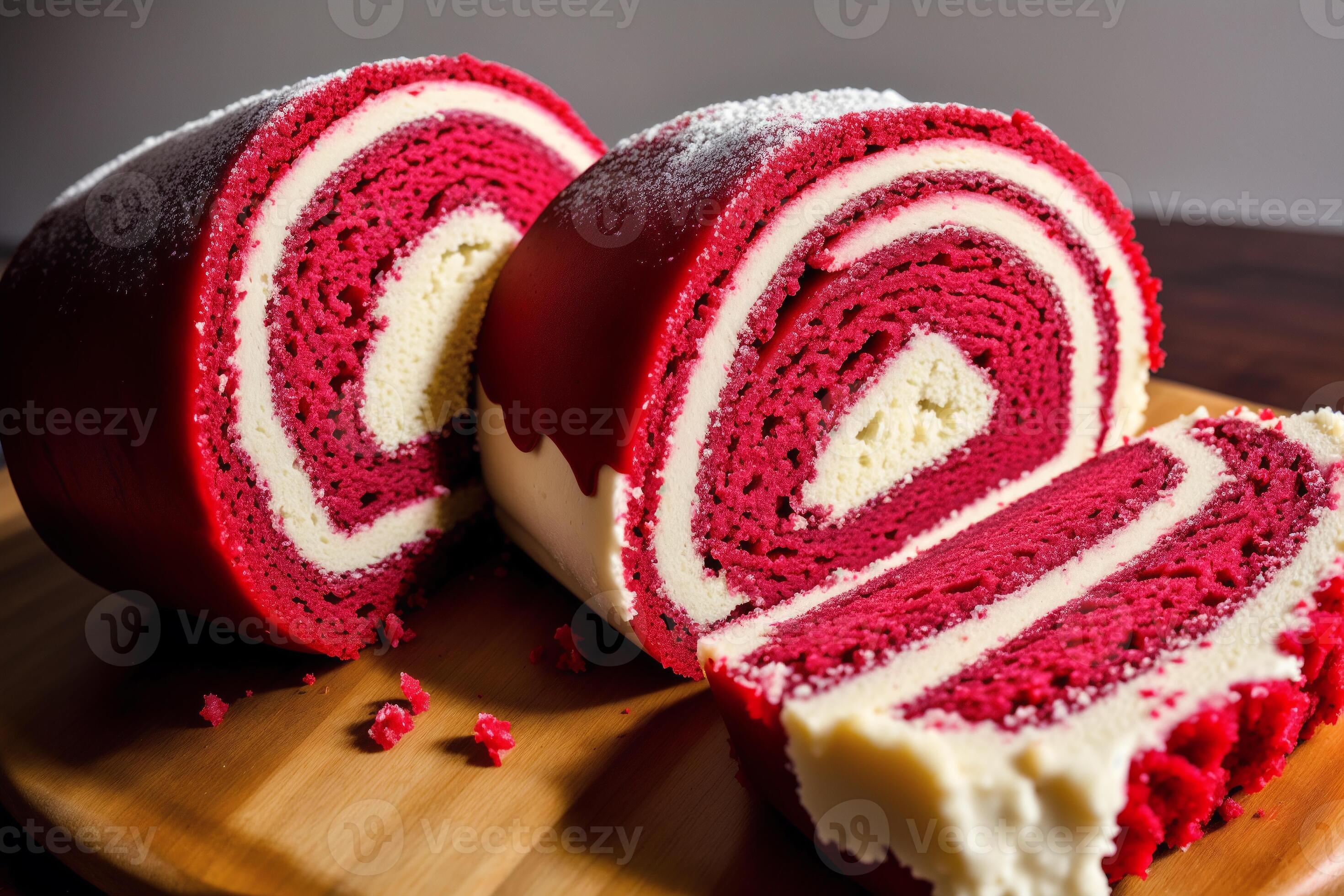 A swiss roll on a white plate on a wooden table. Homemade chocolate