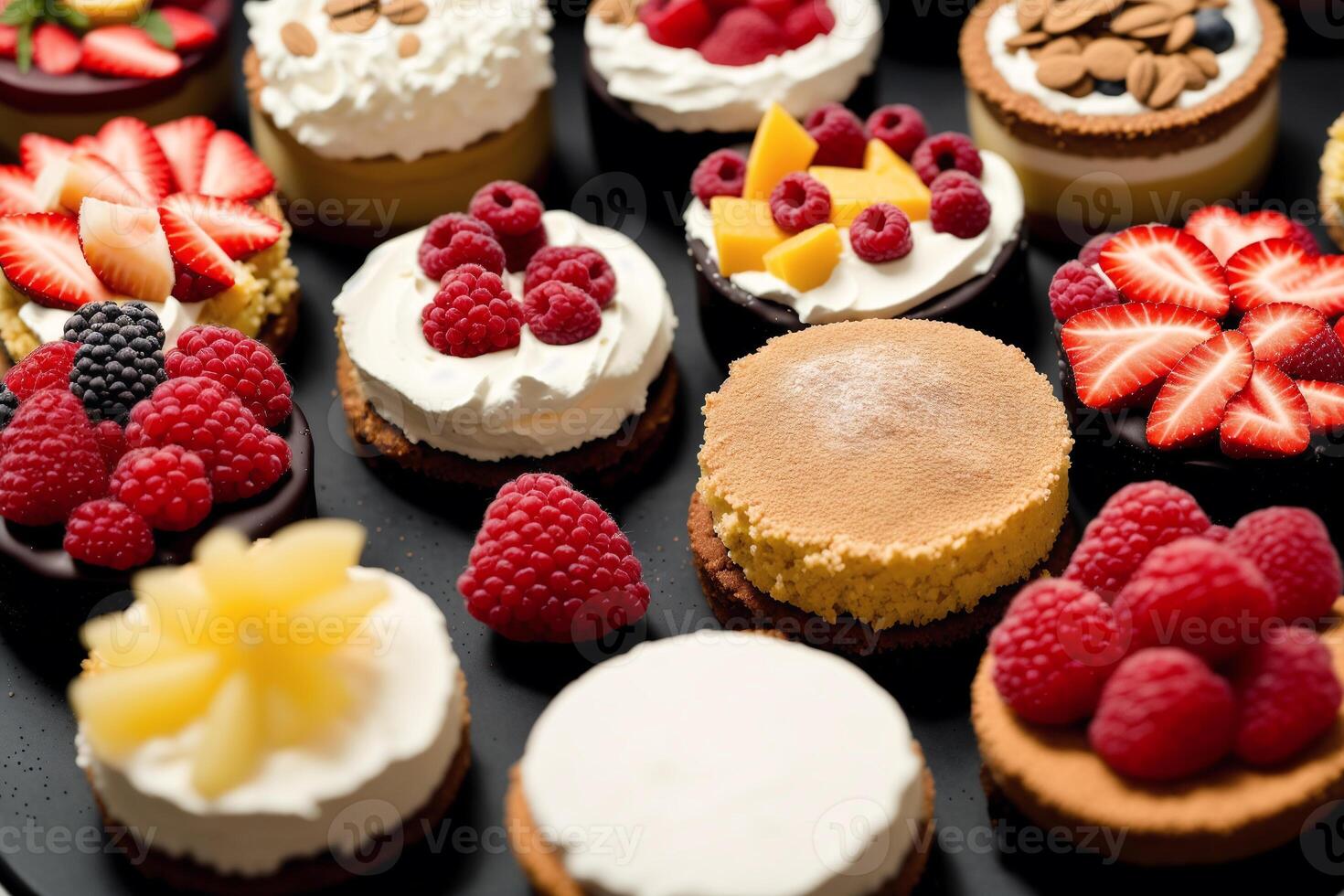 Assortment of cakes with different fillings on a wooden table. Homemade cake. photo