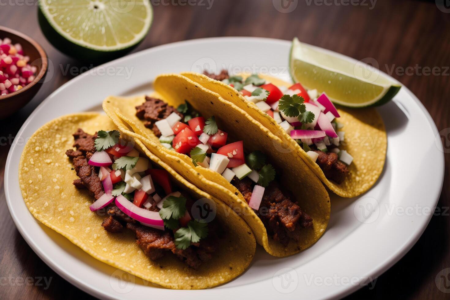 tradicional mexicano tacos con carne de res, tomate, cebolla y salsa mexicano nachos generativo ai foto