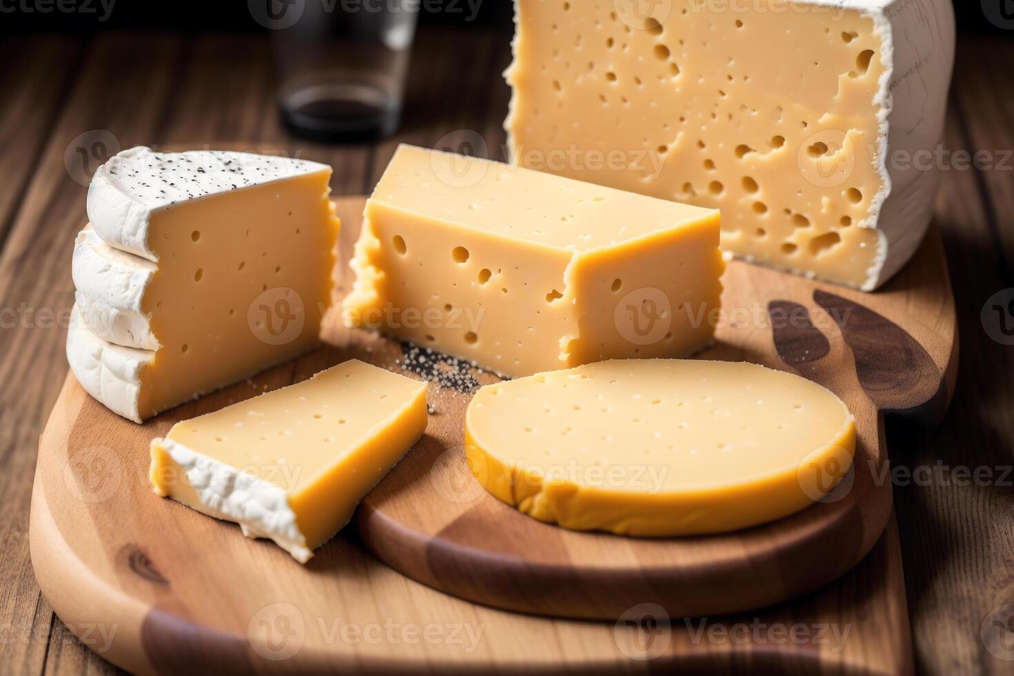Cheese collection, variety of cheeses with tomatoes on wooden background. photo