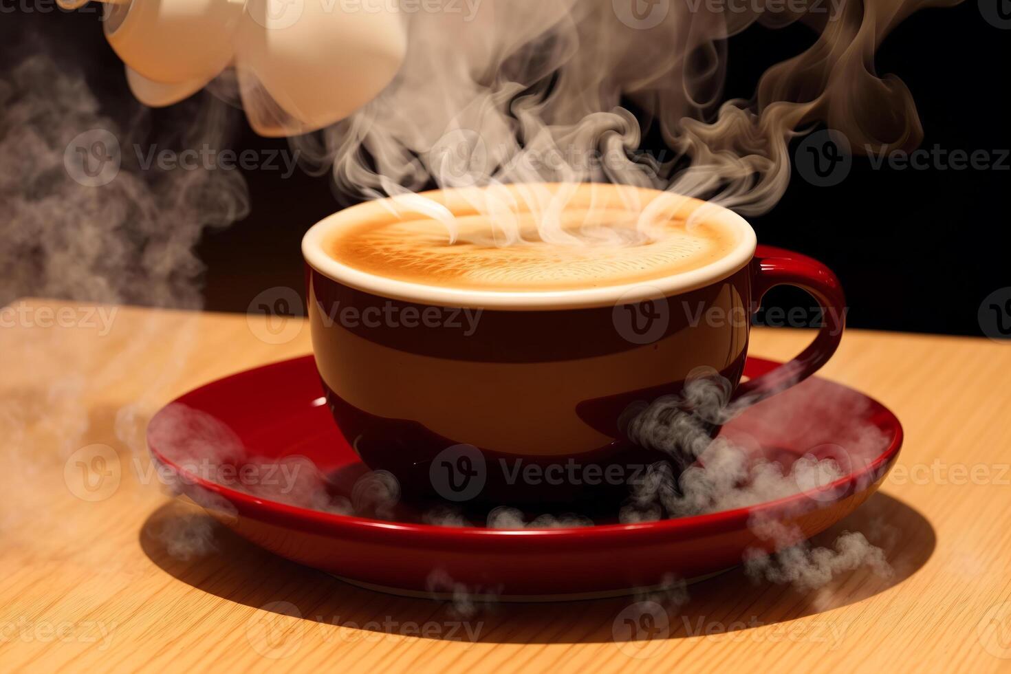 Coffee cup with steam on wooden table and black background. photo