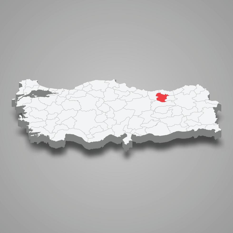 Gumushane region location within Turkey 3d map vector