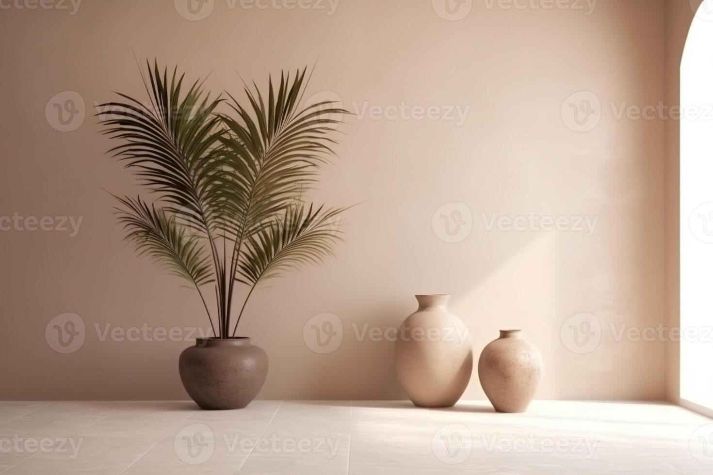 indoor view with pot and palm leaves photo