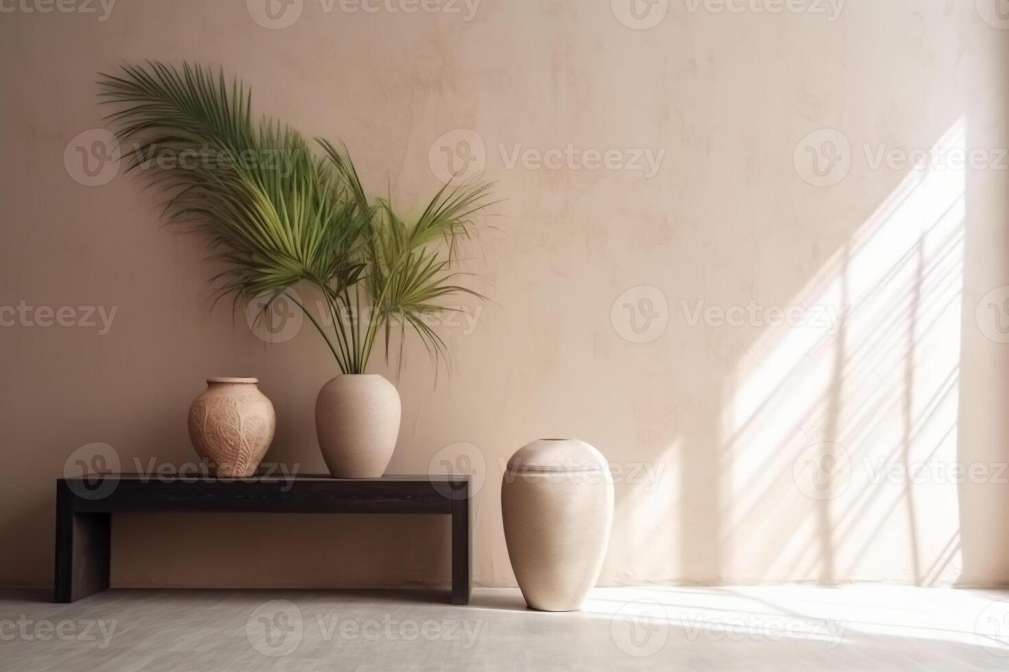 indoor view with pot and palm leaves photo