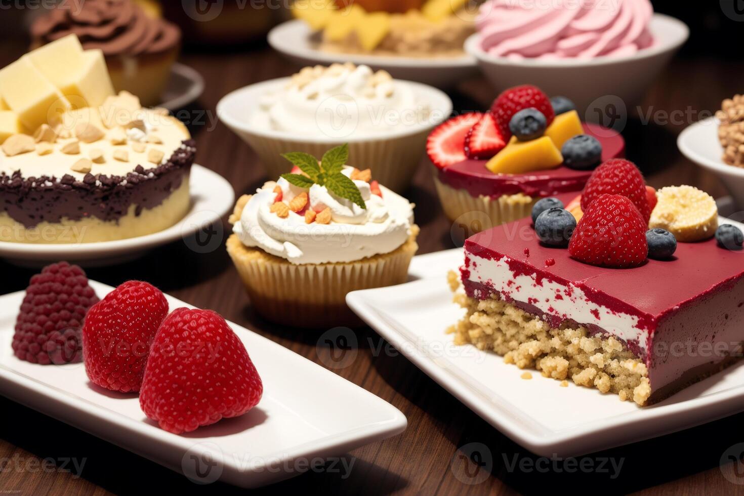 Assortment of cakes with different fillings on a wooden table. Homemade cake. photo