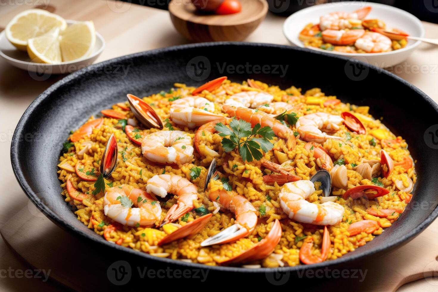 Paella, traditional spanish dish made with rice, Chicken and vegetables, served in a pan. Paella with seafood. Spanish cuisine. photo
