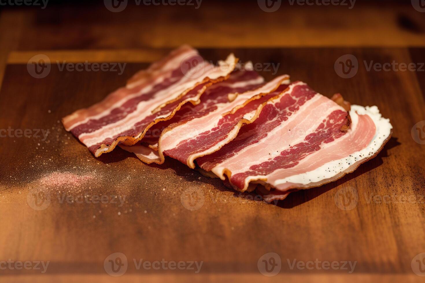 Delicious slices of smoked bacon on a wooden table. photo