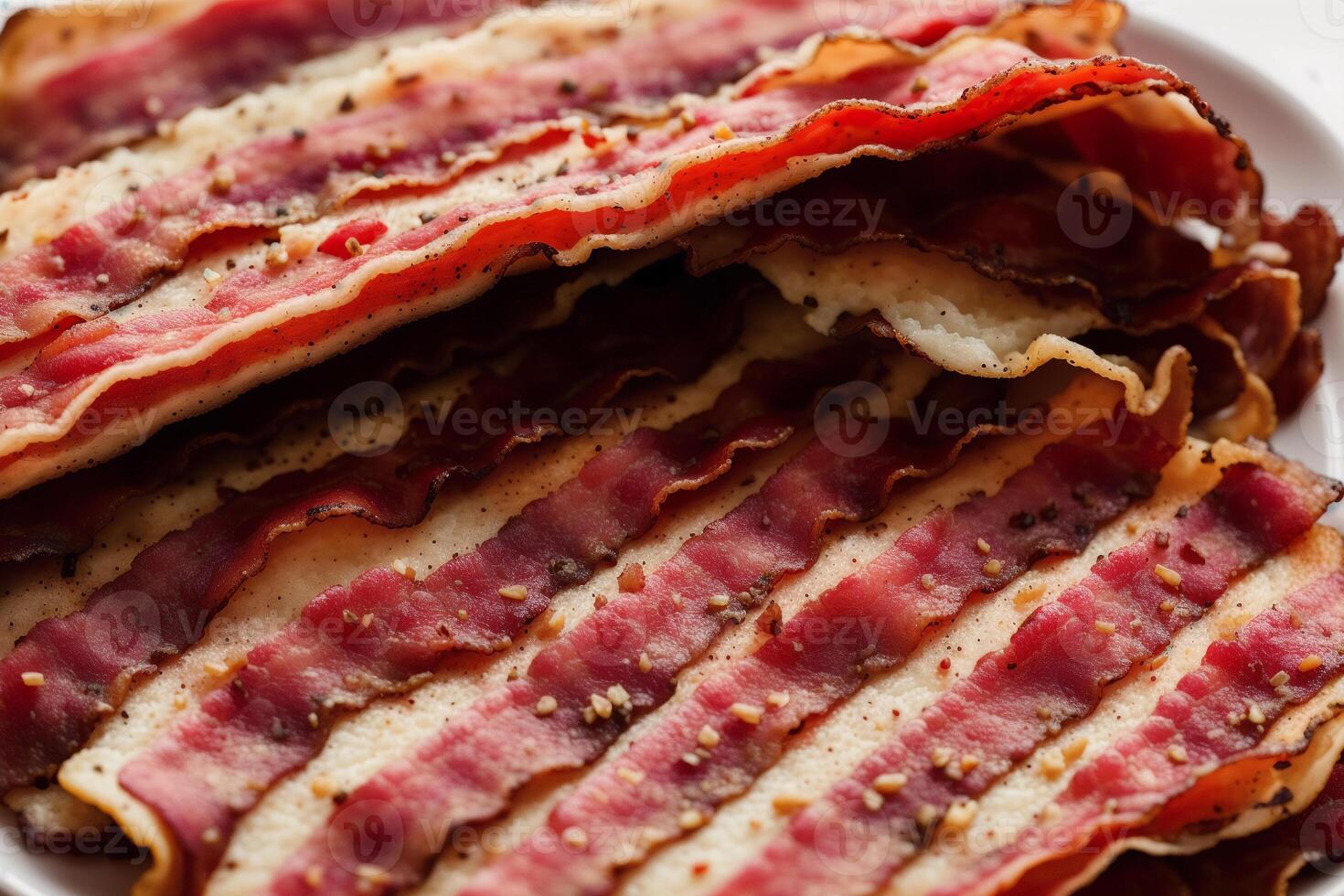 Delicious slices of smoked bacon on a wooden table. photo