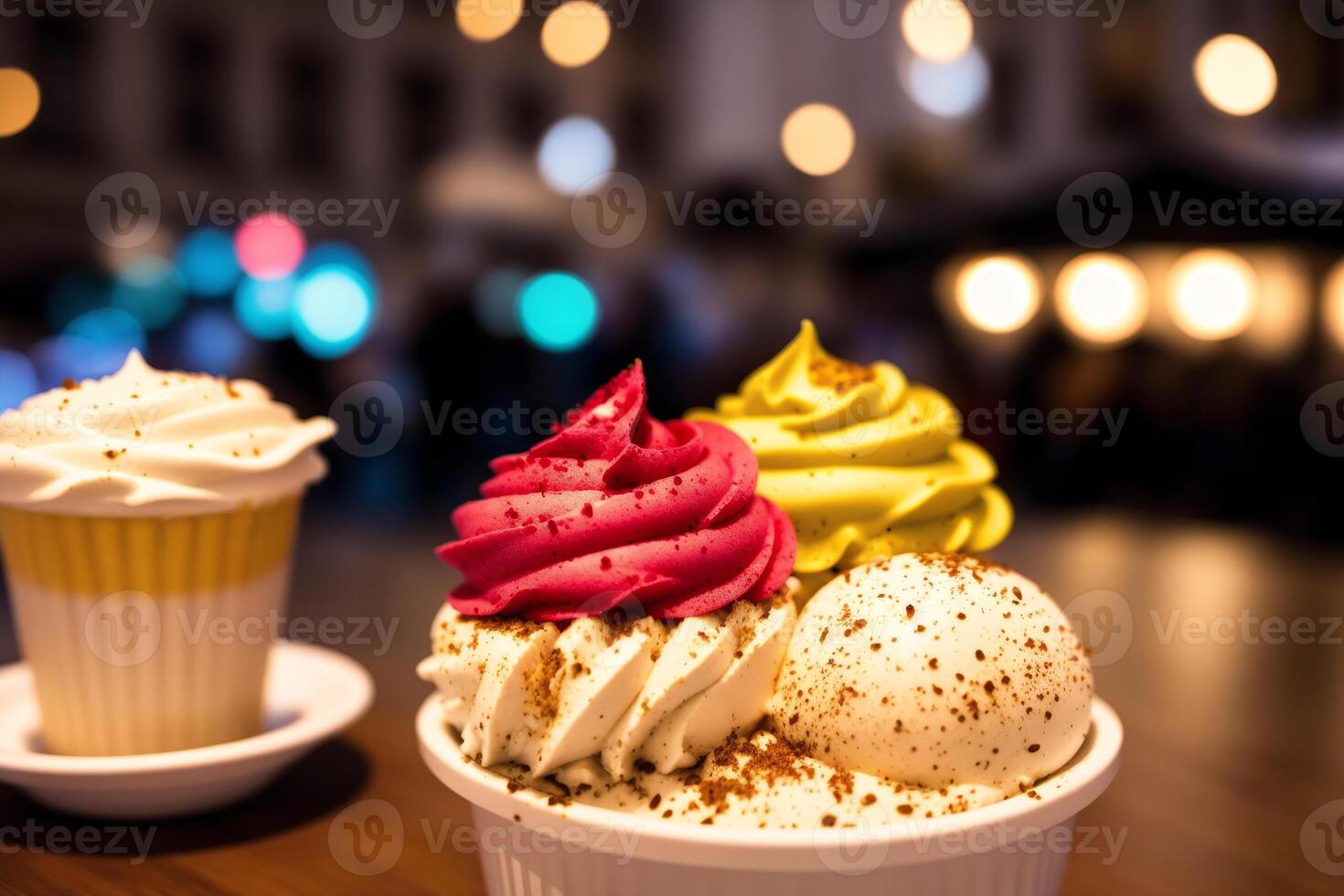 delicious ice cream in a cup, close-up, on the table. sweet food. photo