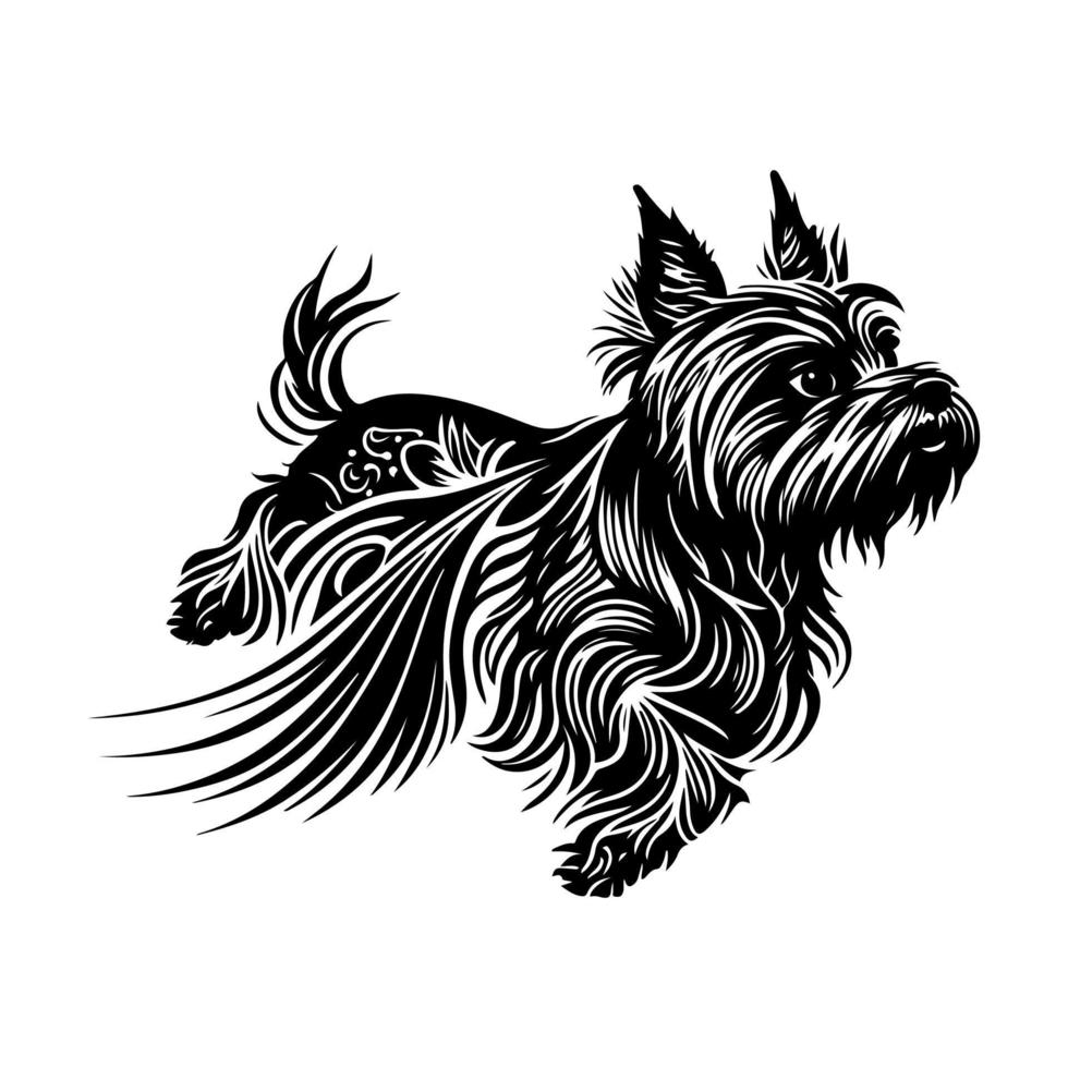 Vector illustration of a black and white Yorkshire Terrier dog. Ideal for pet-related designs, home decor, and other related designs.