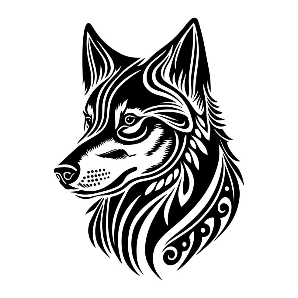 Vector illustration of a Siberian Huskie dog head in the style of a tattoo. Ideal for pet-related designs, home decor, and other related designs.