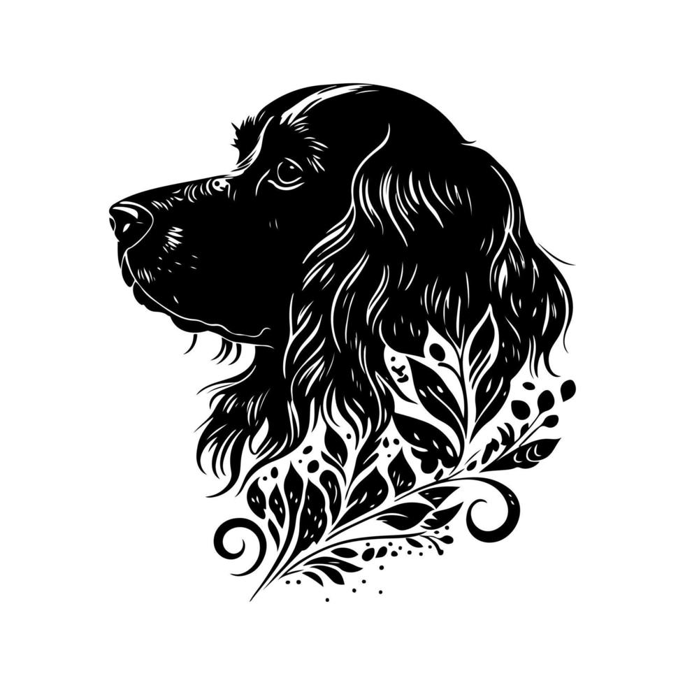 Monochrome vector illustration of an English Cocker Spaniel head with floral ornament. Ideal for pet-related designs, home decor, and other related designs.