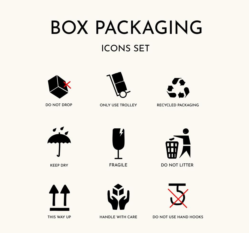 Fragile and recycling signs set for cardboard box packaging vector