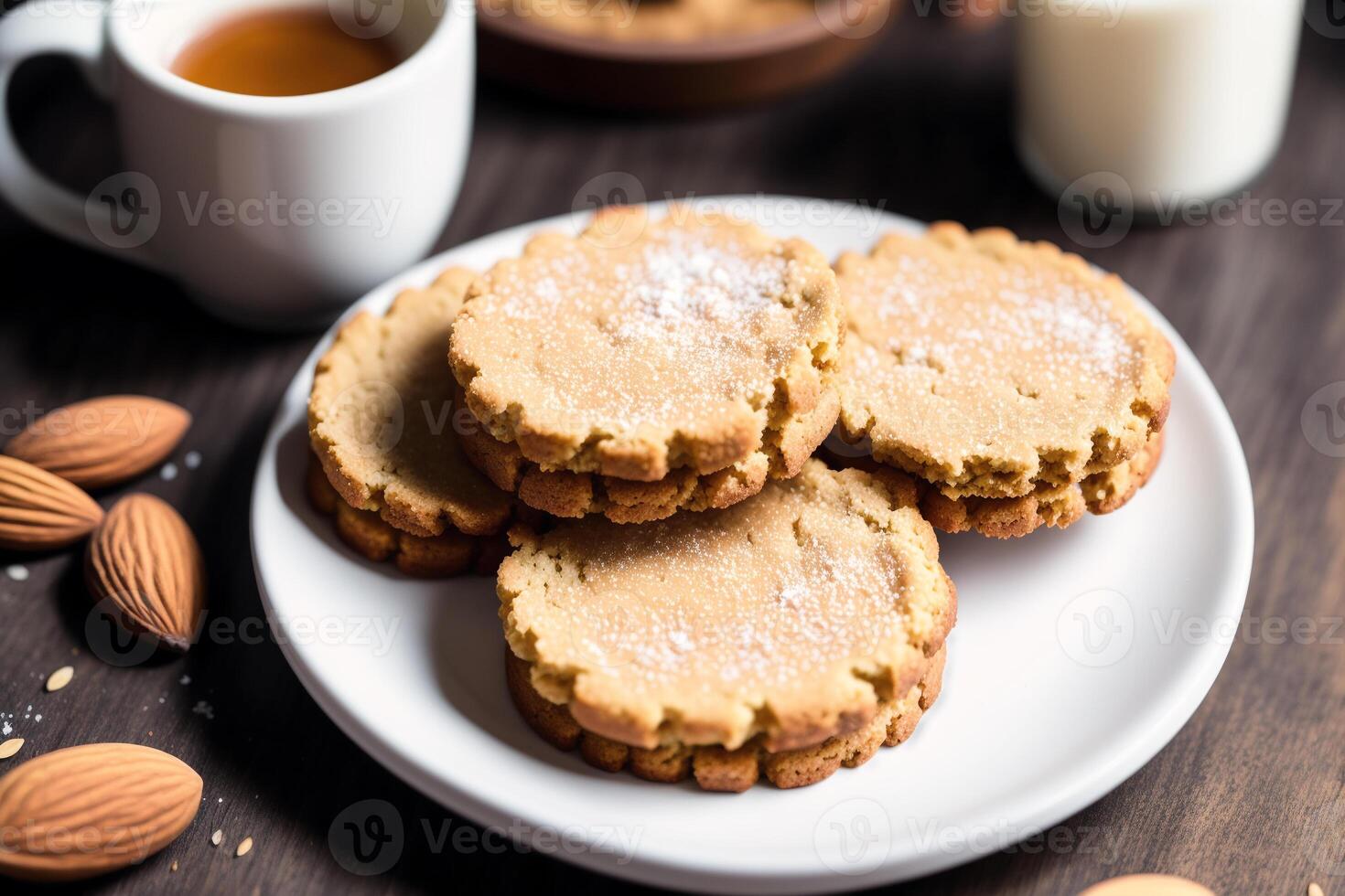 Homemade oatmeal cookies with almonds on a wooden background. photo